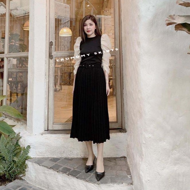 Chân váy xếp ly dài công sở  kèm đai Quảng Châu  không nhũ,  cạp chun, lưng cao - Trumomy | BigBuy360 - bigbuy360.vn