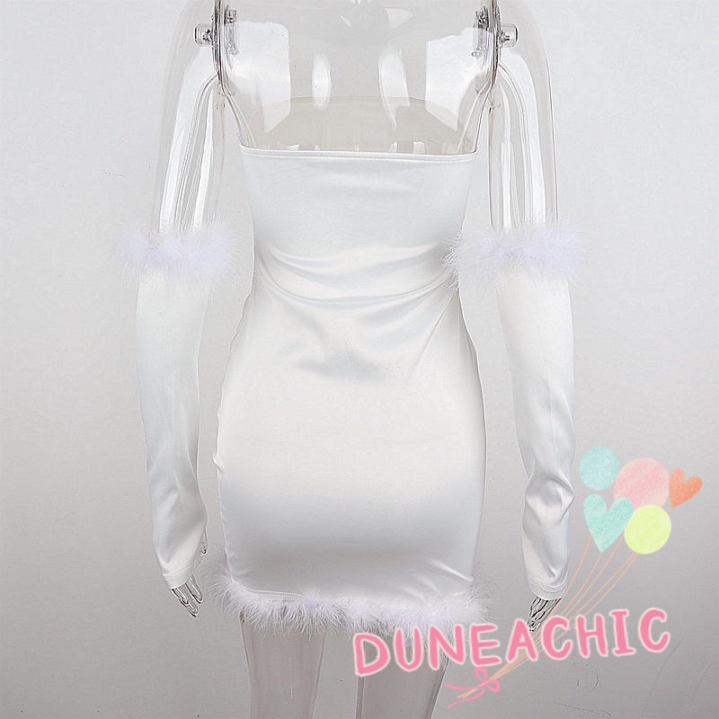 DUNEA Đầm trễ vai tay dài phối lông vũ thời trang quyến rũ cho nữ