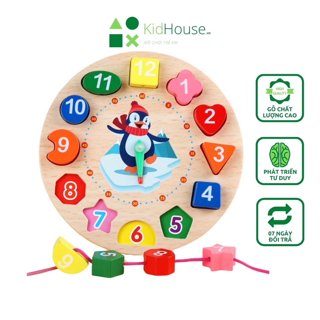 Đồ chơi gỗ montessori đồng hồ hình khối chim cánh cụt thông minh giúp bé học tập KidHouse.vn