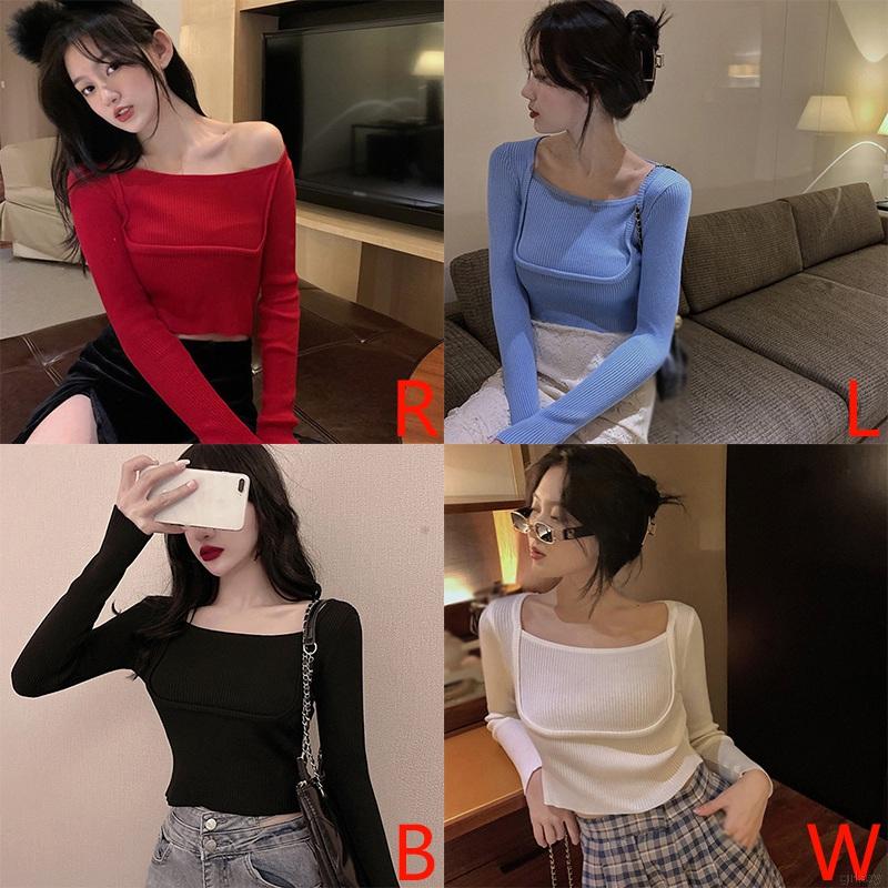 Áo dệt kim dài tay cổ vuông màu trơn phong cách Hàn Quốc