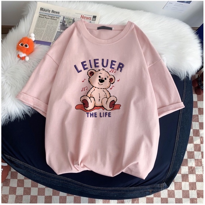 Áo thun cotton tay lỡ dáng rộng unisex gấu LEiEURE