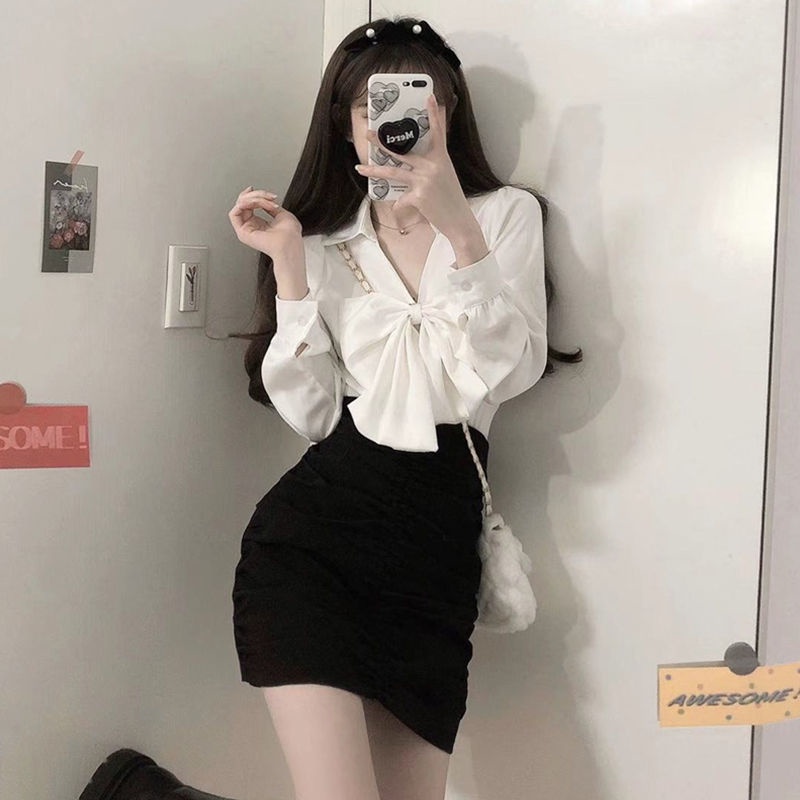 Set áo sơ mi cổ chữ v + chân váy ôm dáng thiết kế thời trang phong cách Hàn Quốc có bán lẻ