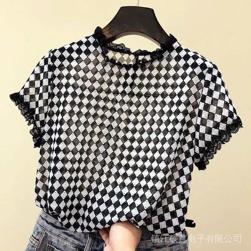 Áo Sơ Mi Chiffon Ngắn Tay Phối Ren Họa Tiết Chấm Bi Sành Điệu Cho Nữ