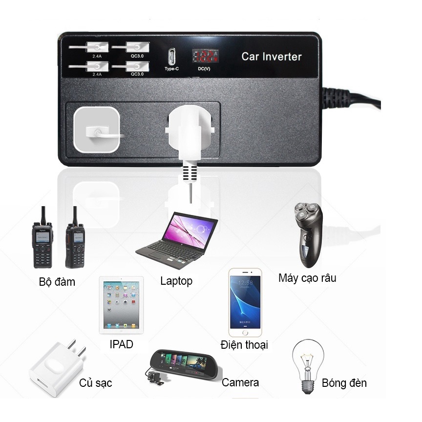 Bộ Chuyển Đổi Nguồn Điện M2012: DC 12V Sang AC 110V/220V 200W  Hỗ Trợ Cổng Type-C