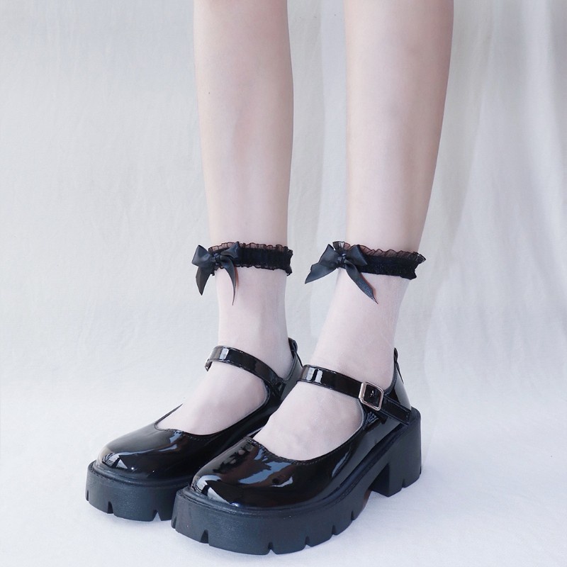 Tất ren nữ trong suốt siêu mỏng viền bèo đính nơ màu trơn phong cách lolita Nhật Bản thời trang mùa hè dễ thương