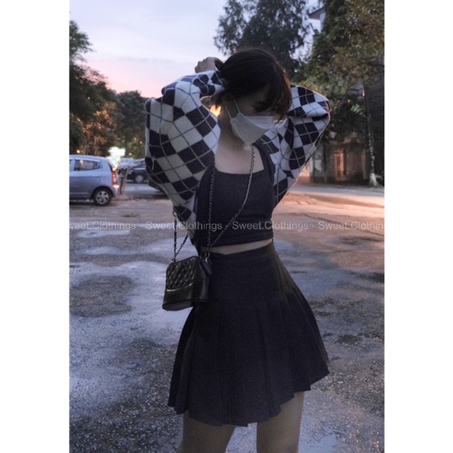 Áo khoác Cardigan dáng CROPTOP họa tiết caro kẻ chất len mịn hàng Quảng Châu 3 màu SWEET.CLOTHINGS