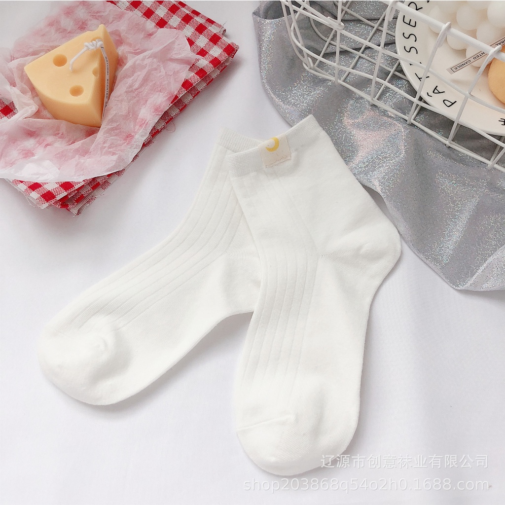 Vớ trắng nữ cổ cao Hàn Quốc Tất gân trơn cổ trung nữ Nhật Bản Cotton