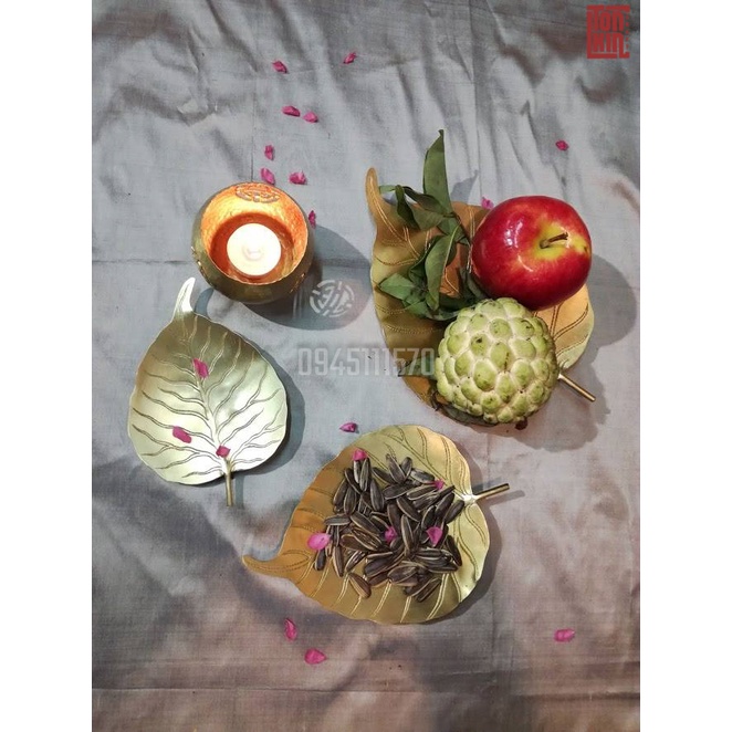 Bộ đĩa, khay lá bồ đề bằng đồng, đĩa đồng, đĩa đựng trầu, hoa quả, bánh kẹo, khay đồng