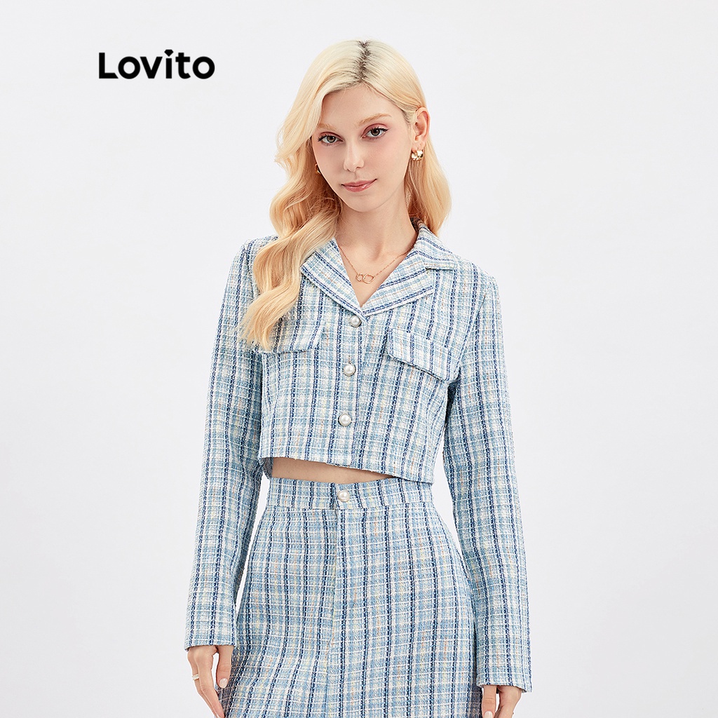 Áo khoác Lovito form ngắn cổ Tweed hoạ tiết caro L30AD025 (màu xanh dương nhạt)