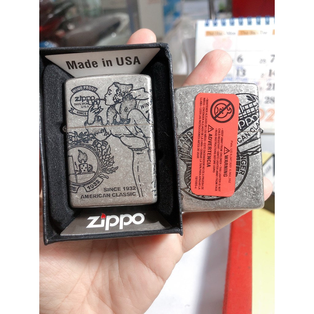 VỎ BẬT LỬA ZIPPO KHẮC CHÌM MẪU WINDY GIRL, MÀU BẠC, LOẠI GIẢ CỔ