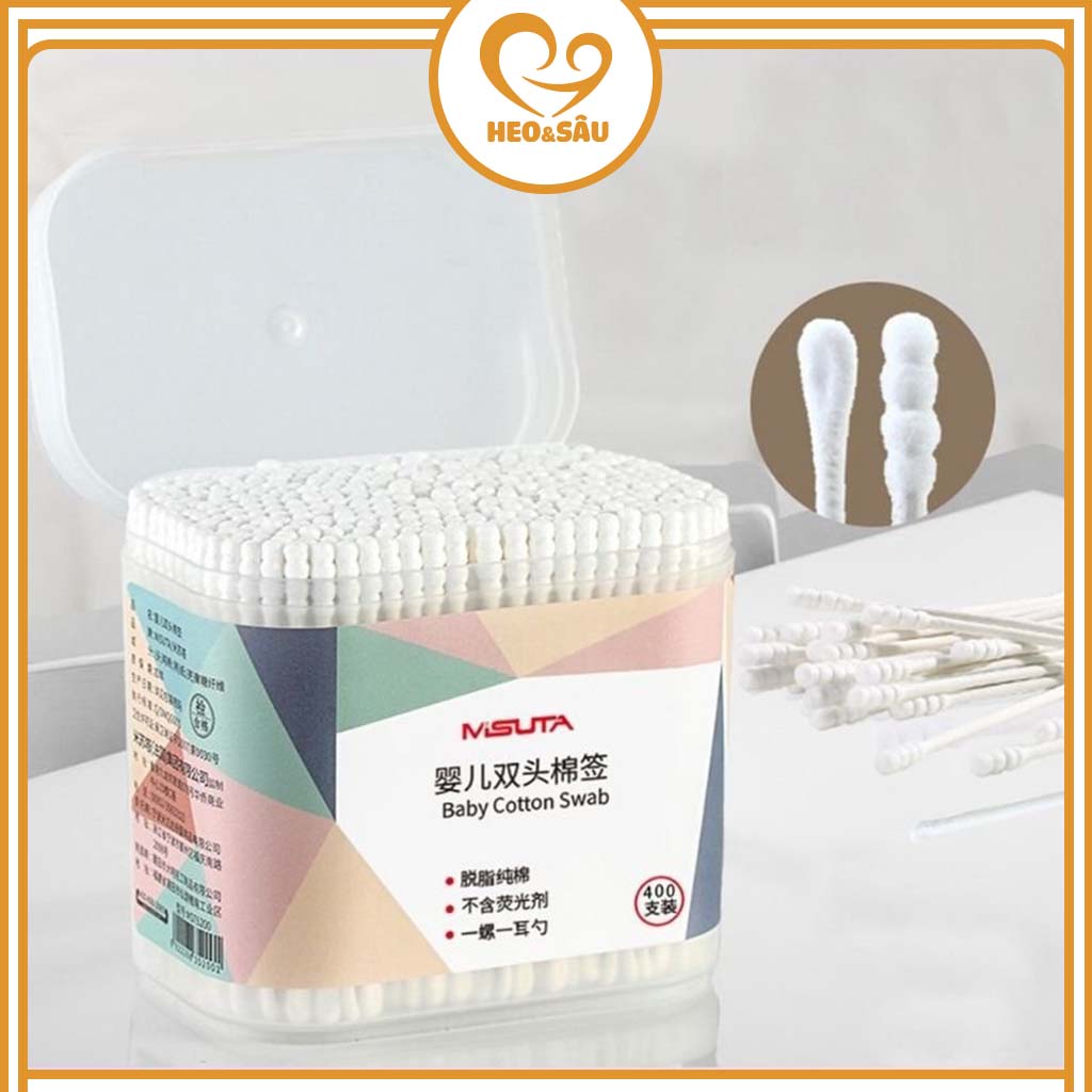 Tăm Bông Trẻ Em ????????? ? Tăm Bông Misuta Cho Bé, Hộp 400 Que (Bông Tự Nhiên)