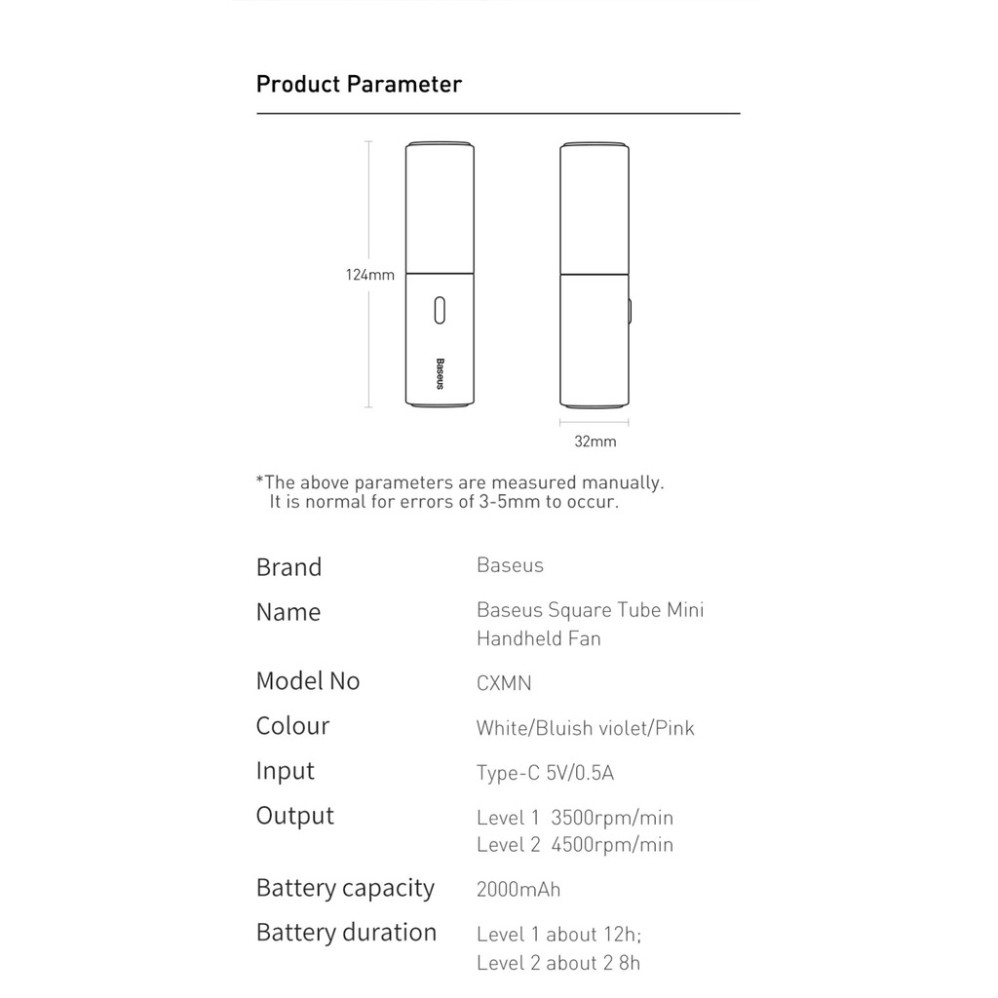 Quạt cầm tay mini dạng ống	Baseus Square Tube Mini Handheld
