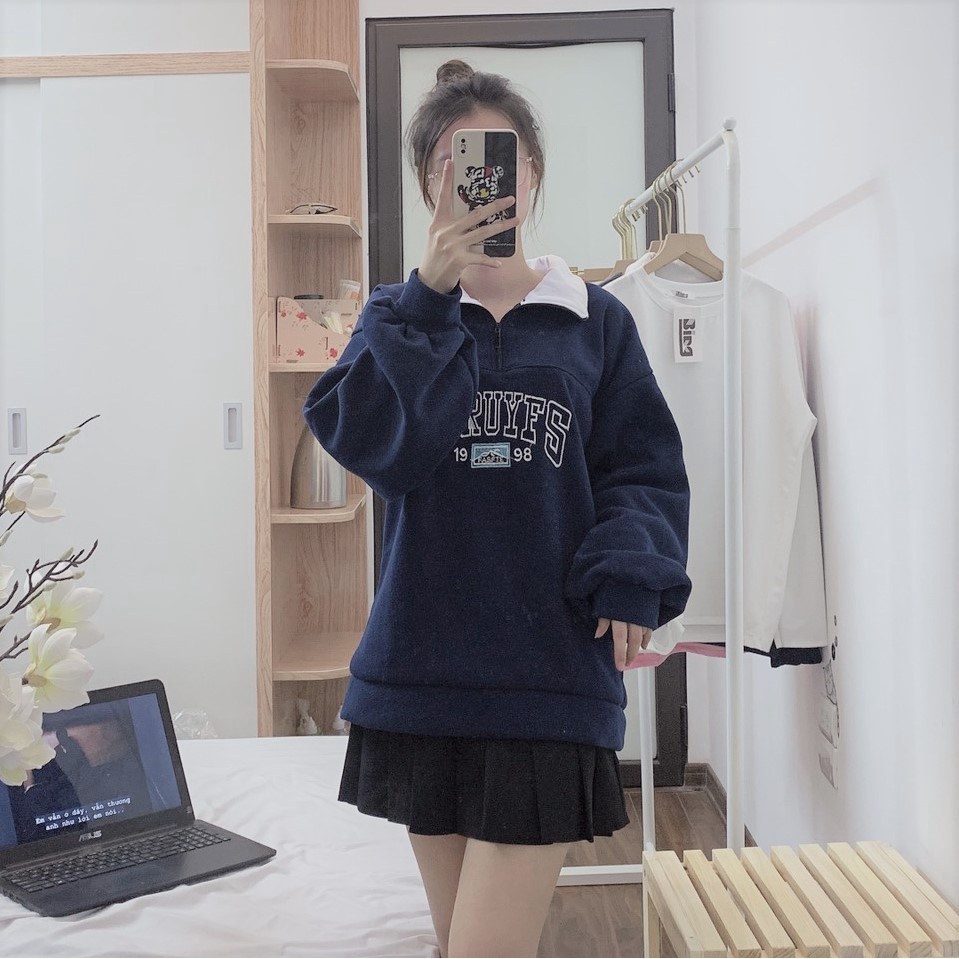 Áo khoác nữ ullzzang nỉ bông khóa cổ Bingshop vài dày đẹp freeship