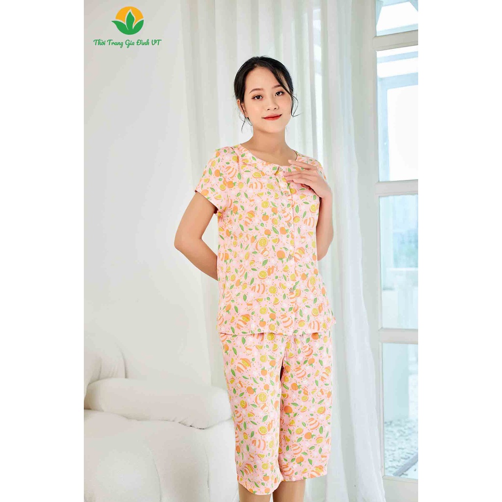 Bộ mặc nhà lanh Việt Thắng, quần lửng, áo cộc tay nữ - B06.2205