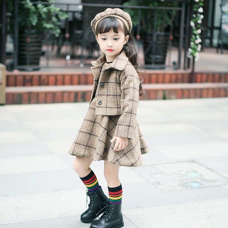 Set Áo Khoác Len + Đầm Sát Nách + Mũ Thời Trang Mùa Thu Cho Bé Gái