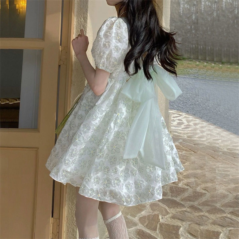 Đầm Chữ A Tay Phồng Cổ Vuông Phối Nơ Ngọt Ngào Thời Trang Mùa Hè Cho Nữ