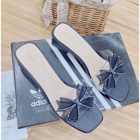 Guốc nữ đính nơ bánh bèo phối quai trong gót vuông 3cm mã s162