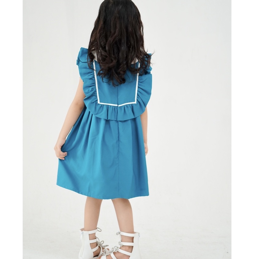 Váy bé gái dáng suông, cổ sơ mi trắng vải trượt nhật Sunkid SN12 màu xanh size trẻ em  4-12 tuổi