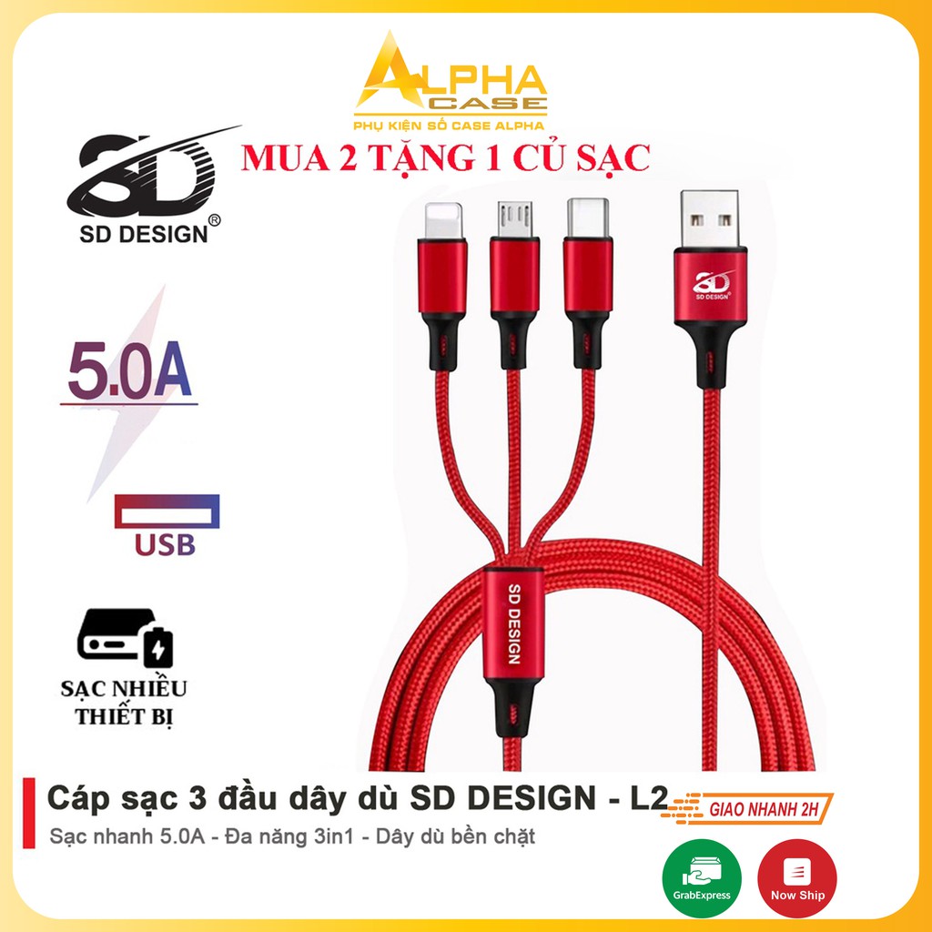 Cáp Sạc 3 Đầu L2 chính hãng SD Design đa năng 3in1 Lightning - Micro - Type C Dây Dù Sạc cho Samsung Oppo Xiaomi iPhone