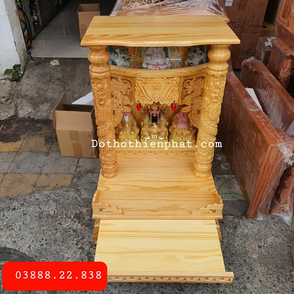 Bàn thờ thần tài ông địa gỗ thông màu nguyên gỗ ngang 48cm rất đẹp