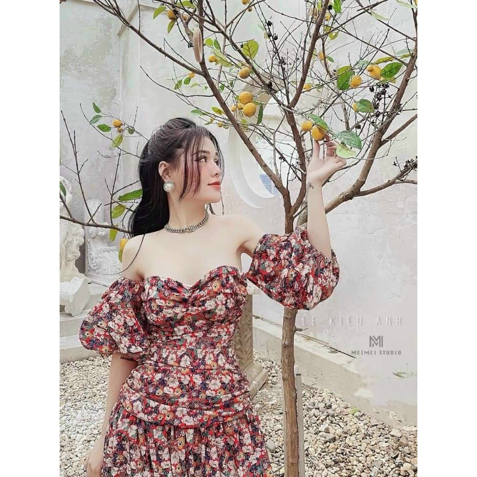 Đầm xòe tay phồng cúp ngực họa tiết hoa có mút ngực