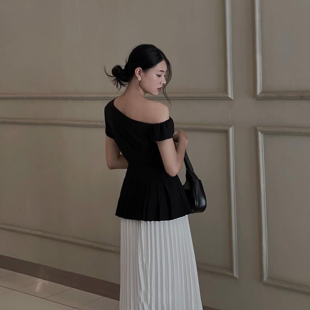 Áo kiểu nữ lệch vai  Áo peplum tay bồng tiểu thư - A-LV3