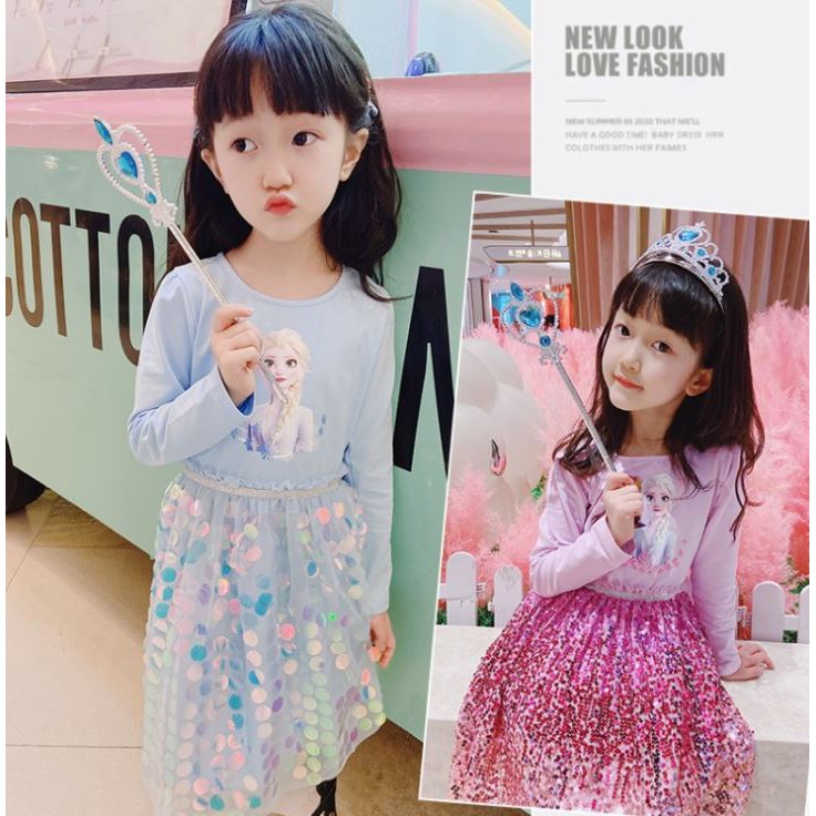 Váy Elsa Thu Đông 2021 Chất Cotton Da Cá, Đính Cườm Lấp Lánh Màu Xanh Nhạt và Tím Hồng