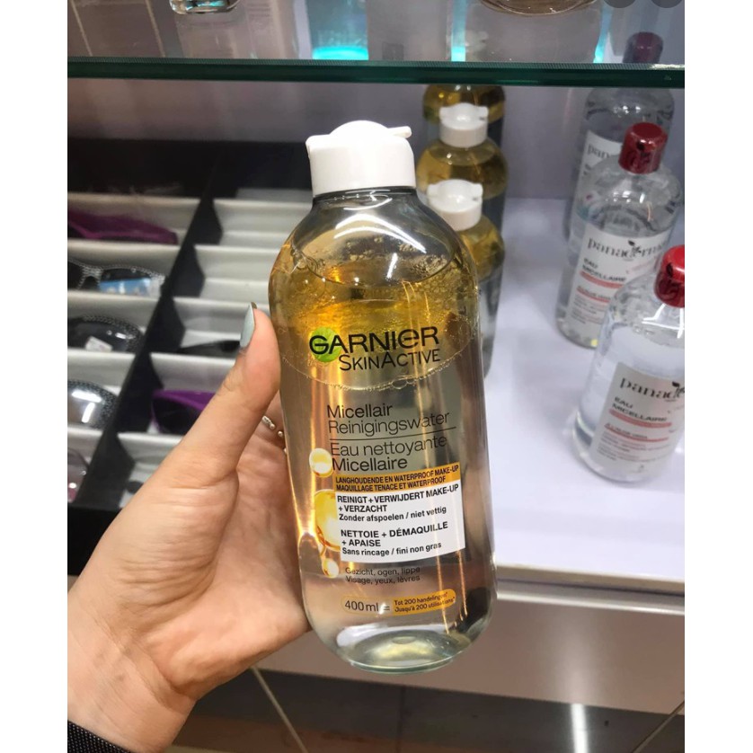 Tẩy Trang Garnier Micellar màu vàng dạng dầu 4 trong 1 - tẩy trang mắt, môi, miệng, mặt trong cùng 1 sản phẩm