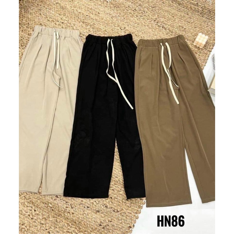 Quần Ống Rộng Nữ Lưng Cao Cạp Thun Chun Dây Rút Dáng Dài Thể Thao Vải Đen Nâu Mã 1108