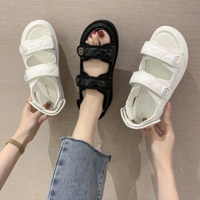 Sandal nữ 2 quai dán đế siêu nhẹ sẵn hàng 2 màu đen trắng