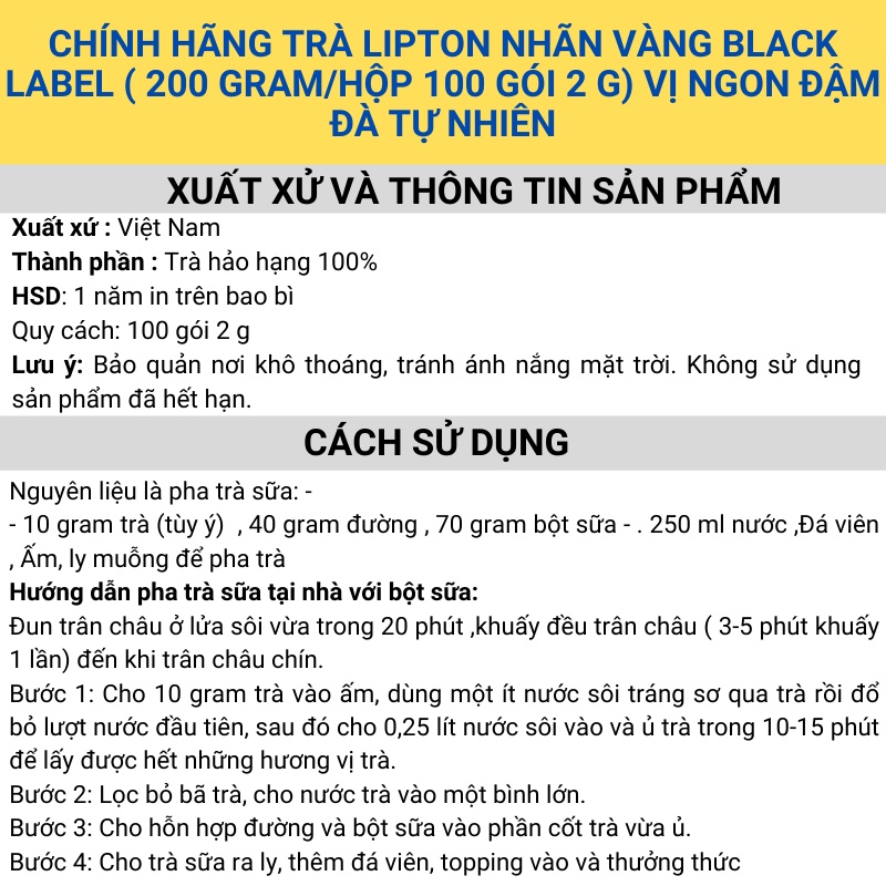 Trà Lipton nhãn vàng Black Label Chính hãng ( 200 gram/hộp 100 gói 2 g) - Nguyên liệu pha chế trà sữa