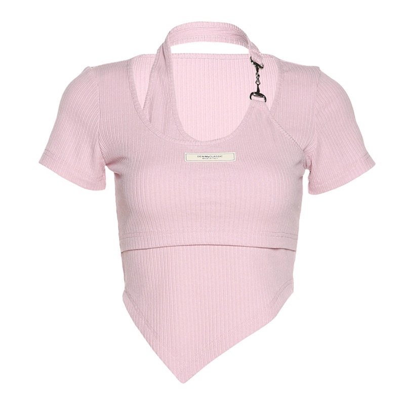 Brroa Set 2 Áo Croptop Dệt Kim Tay Ngắn Phối Dây Xích Kim Loại Hình Tam Giác Viền Gân Kim Loại Màu Trơn Cho Nữ