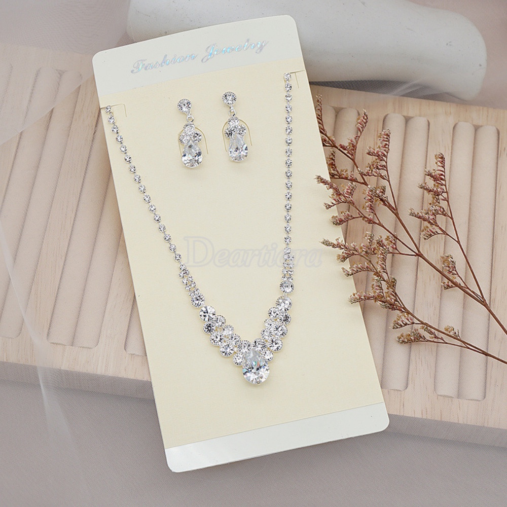 Bộ Vòng cổ + Bông Tai Đính Kim Cương Zircon Hình Giọt Nước Sáng Thời Trang