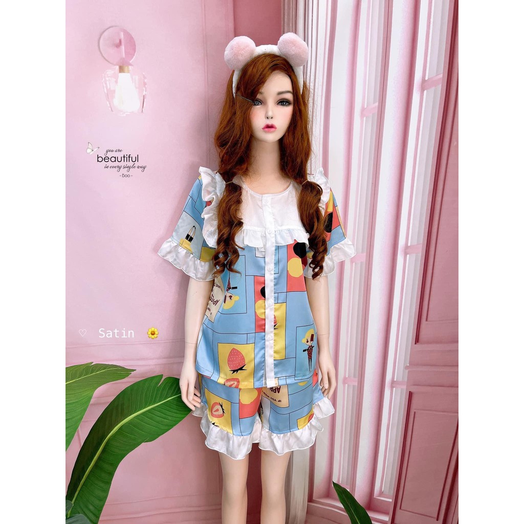 Bộ ngủ lụa nữ pijama  đồ bộ mặc nhà cute chất satin cao cấp mềm mịn mát, đùi bèo tiểu thư siêu xinh -DB008 LANA QUEEN