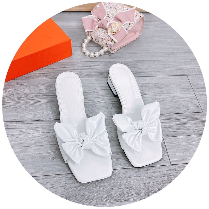 Bán sỉ- Dép cao gót quai ngang da lì nơ 4cánh mới gót vuông 3cm siêu xinh