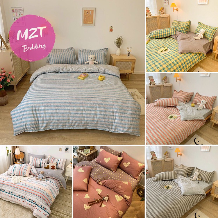 Bộ chăn ga gối Cotton Poly M2T bedding Kẻ Hàn Quốc, vỏ chăn mền, drap gường và 2 vỏ gối