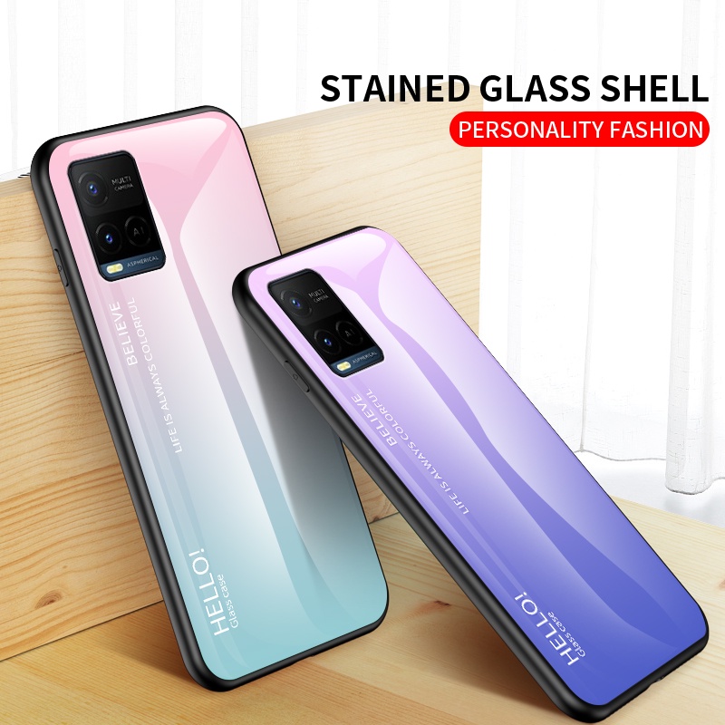 Ốp điện thoại mặt kính cường lực cứng màu gradient xinh xắn cho VIVO Y21/Y21S/Y33S/Y72/Y52/Y31/Y20S/Y12 5G/V21