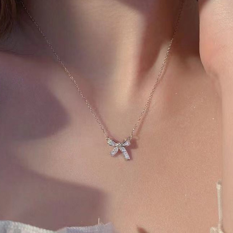 Vòng cổ Mặt Nơ Đính Đá Zircon 3d Lấp Lánh Phong Cách Hàn Quốc Sang Trọng Dành Cho Nữ