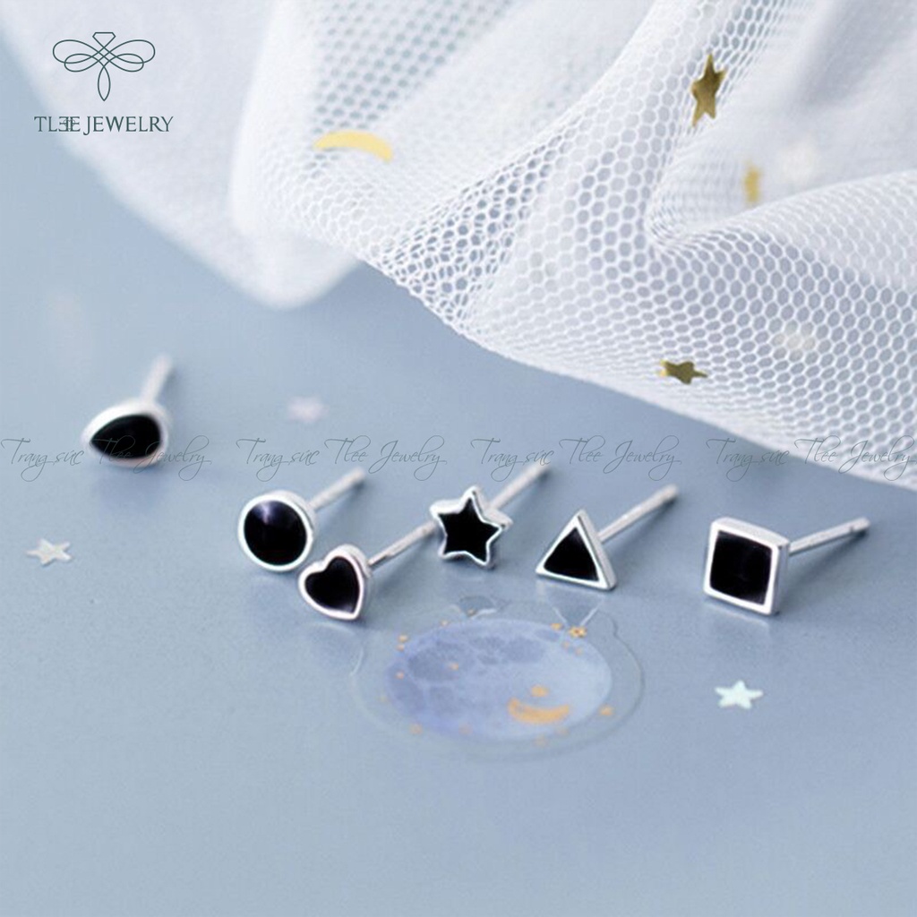 Khuyên tai bạc unisex TLEE bông tai hình khối đá đen cá tính NCJ B0181