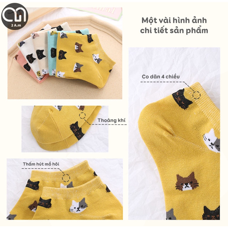 Tất Vớ Cổ Ngắn Nữ Thời Trang Họa Tiết Mèo Dễ Thương Nhiều Màu Unisex Style Hàn Quốc