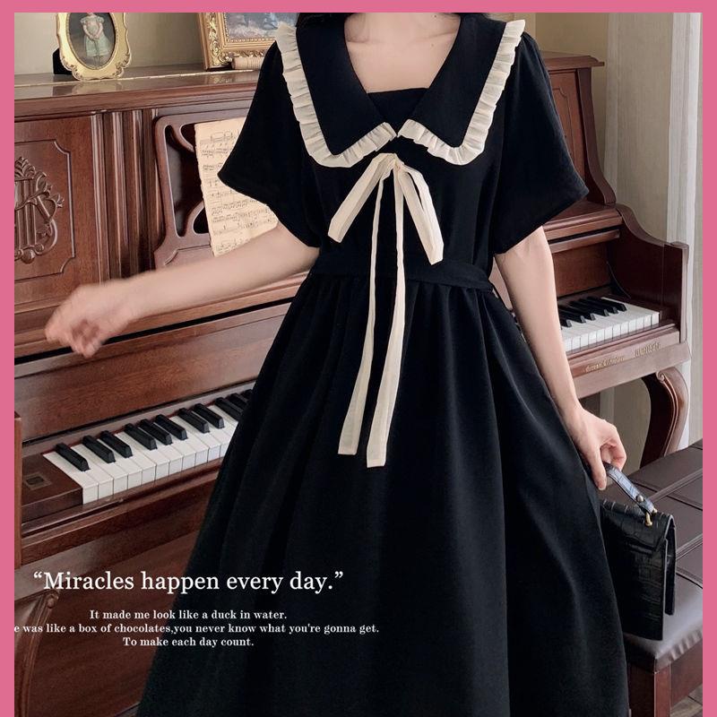 Váy babydoll đầm babydoll Đầm Dài Cổ Búp Bê Cột Dây Màu Đen Phong Cách Preppy Thời Trang Mùa Hè 2022
