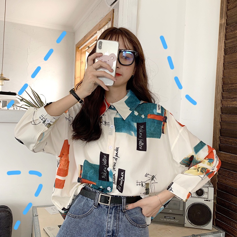 Áo Sơ Mi Tay Dài Dáng Rộng In Họa Tiết Thời Trang Kiểu Hàn Quốc Cho Nữ