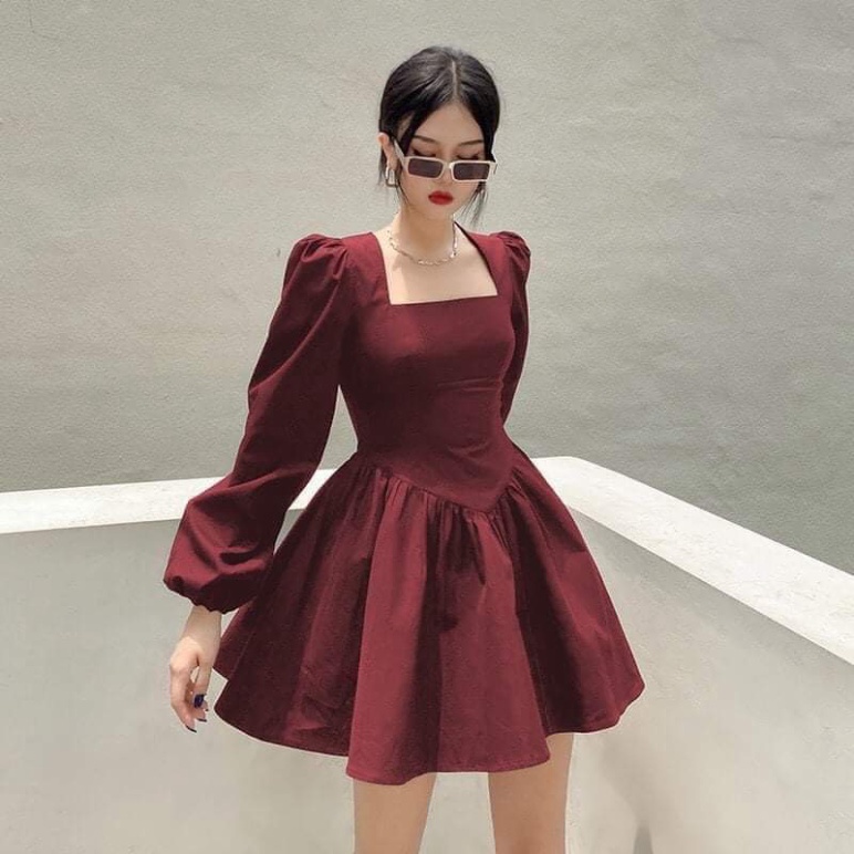 Váy tiểu thư maxi đi biển, đầm nữ ulzzang hàn quốc dáng rộng dự tiệc, đi học đi chơi cổ vuông vải gấm đẹp