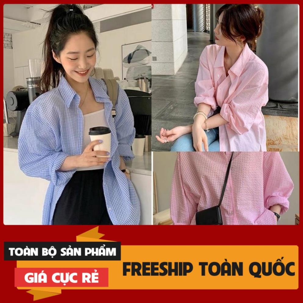 Áo Sơ Mi Nữ Kẻ Đuôi Tôm Vải Xốp 2 Màu - Áo Somi Dài Tay Dáng Thụng F037