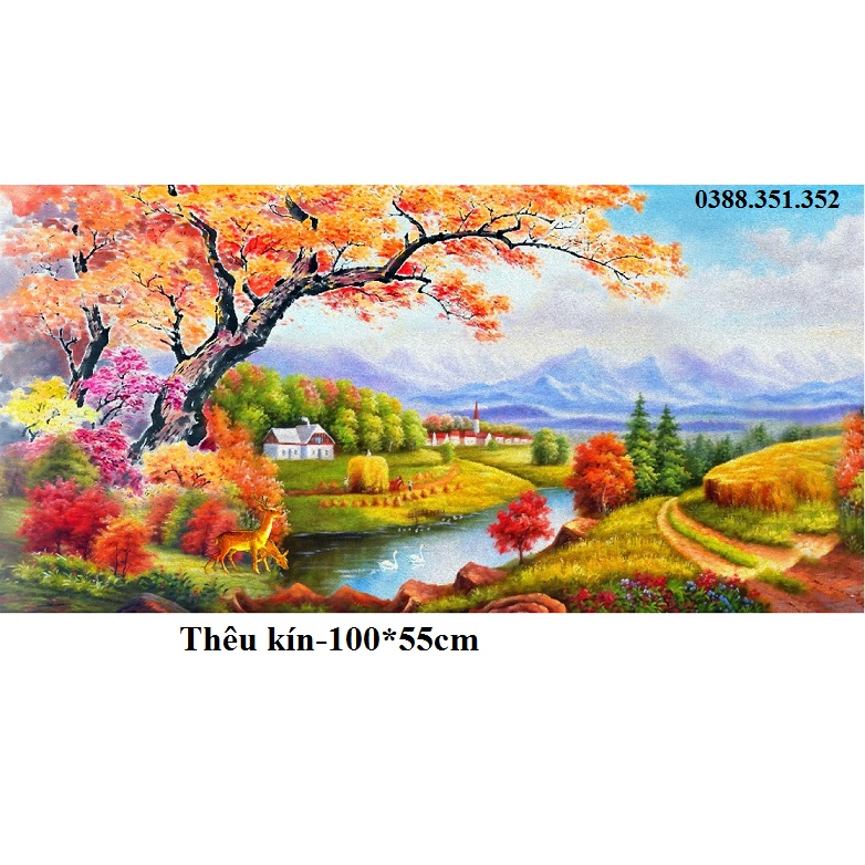 Tranh thêu chữ thập phong cảnh mùa thu mới thêu kín E136 100*55cm