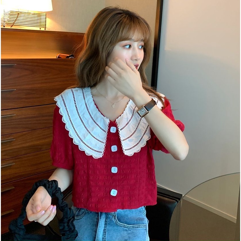 Áo Kiểu Tay Phồng Ngắn Cổ Peter Pan Phối Ren Phong Cách Retro Pháp Thời Trang Mùa Hè Cho Nữ