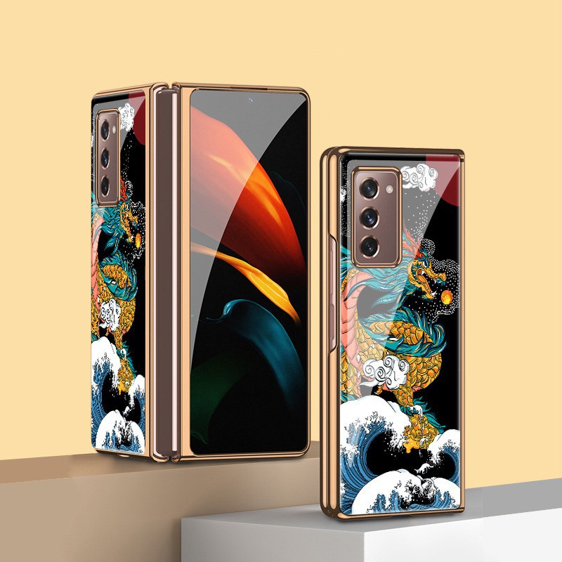 Ốp điện thoại mặt kính mạ họa tiết rồng cho Samsung Galaxy Z Fold 2