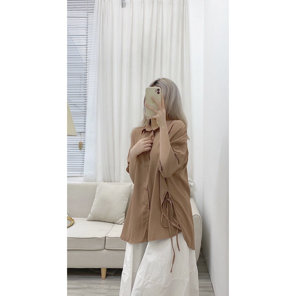 Sơ mi lụa ngắn tay trơn rút dây 2 bên - kèm ảnh thật chụp tại shop