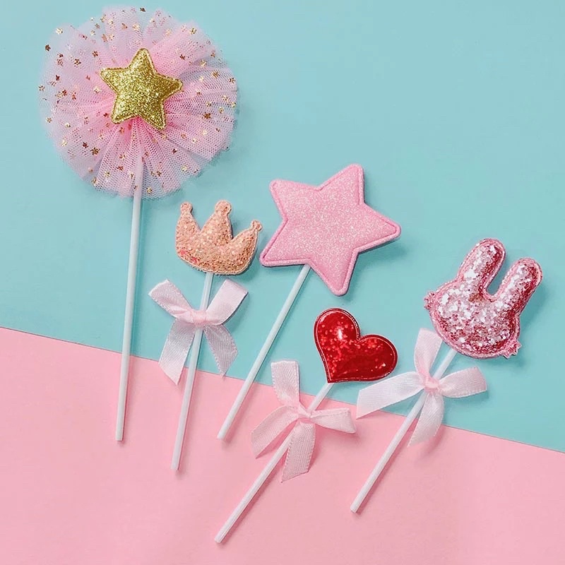 Bộ 5 Topper que cắm Tai thỏ + Vương miện trang trí bánh