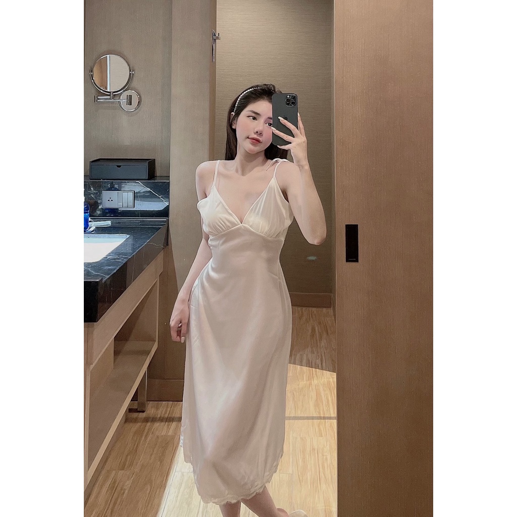 Đầm Ngủ 2 Dây Thắt Nơ Vai Sexy Chất Lụa Cực Mát Freesize